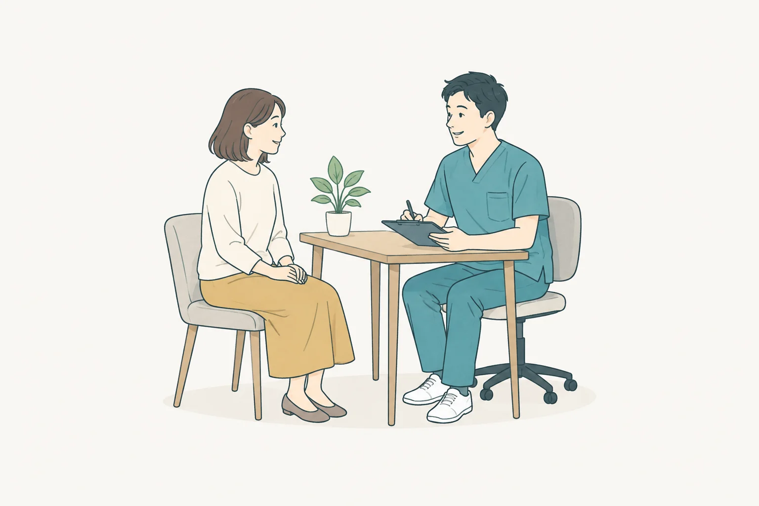 落ち着いて話を聞く施術者と相談する方のイラスト